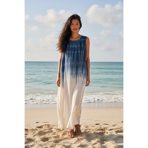 cloth & stone Dresses & Skirts - Cloth & Stone Blue Ombre Tie Dye Maxi Tank Dress L Oversized Made USA Boho
